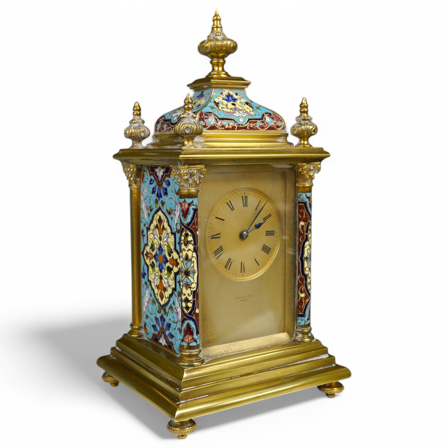 A French Barrie & Son champleve enamel and brass mantel clock with key, 27cm high. Condition - fair/good, untested